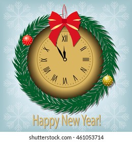 Christmas wall clock with red bow on blue background with snowflakes , fir branch and Christmas balls around. template postcard greeting. new year vector illustration