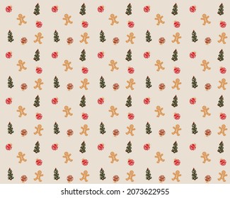 Christmas wallpaper with balls xmas tree and gingerbread Man