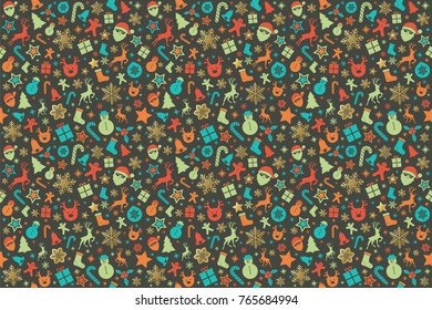 Christmas wallpaper with colourful decorations. Vector.