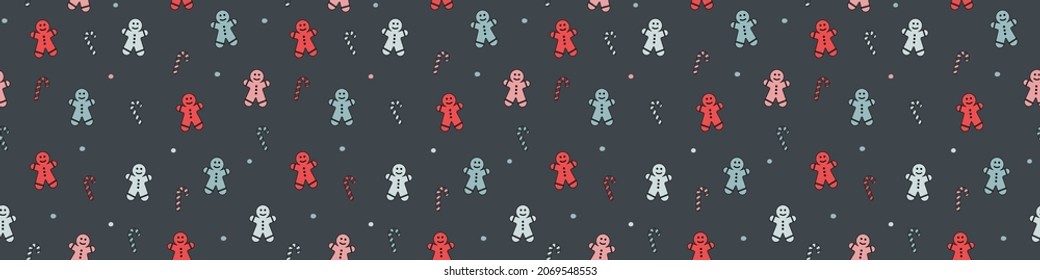 Christmas wallpaper with cookies and candies. Xmas seamless pattern. Panoramic header. Vector
