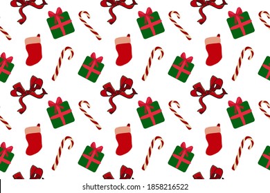 christmas wallpaper, cute gift wrapping paper, white background, candy cane and socks elements repeat seamless pattern, vector illustration