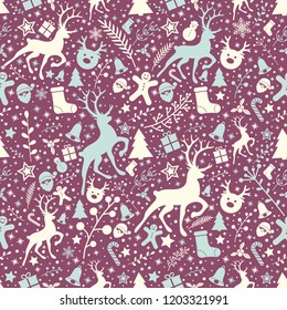 Christmas wallpaper with ornaments - seamless pattern. Vector.