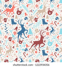 Christmas wallpaper with ornaments - seamless pattern. Vector.