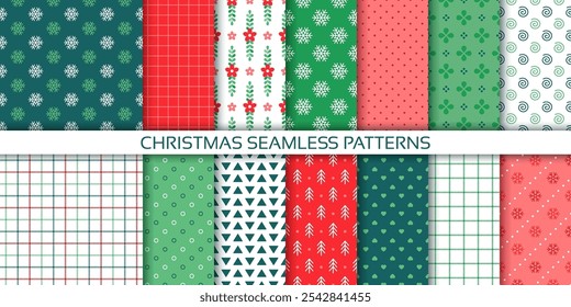 Christmas wallpaper. Seamless pattern. Holiday Xmas backgrounds. Set green red wrapping papers. Textures with snowflake, tree, spiral, triangle and checkered. Festive prints. Vector illustration
