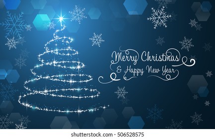 Christmas wallpaper with snowflakes, Christmas tree and decorative wishing. Vector illustration.