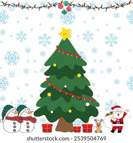 christmas wallpaper. with christmas tree, snowman, gift, santa and snow flakes as background