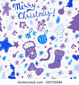 Christmas wallpaper - winter holidays pattern with festive objects. Hand drawn seamless background. Vector illustration.
