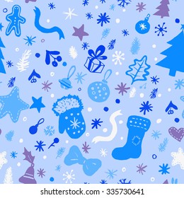 Christmas wallpaper - winter holidays pattern with festive objects. Hand drawn seamless background. Vector illustration.