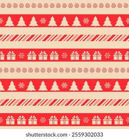 Christmas wallpapers. Seamless pattern. Retro Xmas backgrounds. Set holiday wrapping papers with tree, snowflake, gift box, spirals. Red beige textures. Vintage festive prints. Vector illustration