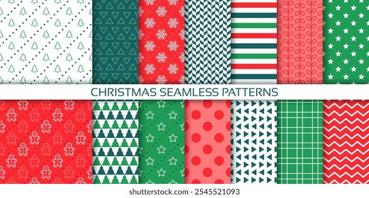 Christmas wallpapers. Seamless pattern. Xmas backgrounds. Set holiday wrapping papers. Green red textures with tree, snowflake, zigzag, triangle and stripes. Festive prints. Vector illustration