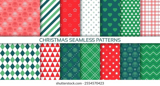 Christmas wallpapers. Seamless pattern. Xmas backgrounds. Set holiday wrapping papers with gift box, zigzag, snowflakes, stars, stripes. Green red textures. Festive wrap prints. Vector illustration