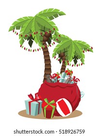 Christmas In A Warm Climate Palm Tree With Christmas Lights And Christmas Gifts Cartoon. EPS 10 Vector.