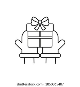 Christmas warm gloves with Gift box on white background. Vector illustration.