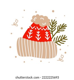 Weihnachten warmer roter Hut mit Weihnachtsmützen. Rutschige, handgezeichnete Komposition im flachen Stil. Vektorgrafik