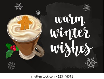 Christmas Warming beverage quote. Modern calligraphy style handwritten lettering with glass and decorative elements. Vector illustration for cards, leaflets or banners on black chalkboard background.