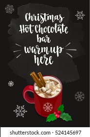 Christmas Warming beverage quote. Modern calligraphy style handwritten lettering with cup and decorative elements. Vector illustration for cards, leaflets or banners on black chalkboard background.