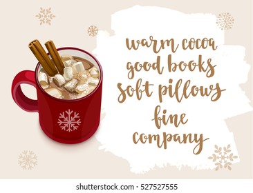 Christmas Warming beverage quote. Modern calligraphy style handwritten lettering with cup and decorative elements. Vector illustration for cards, leaflets or banners on cozy light background.
