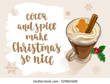 Christmas Warming beverage quote. Modern calligraphy style handwritten lettering with glass and decorative elements. Vector illustration for cards, leaflets or banners on cozy light background.