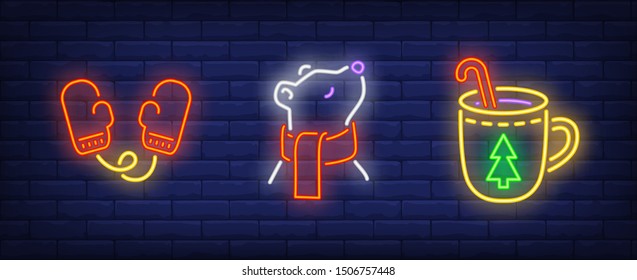 Christmas warmth neon sign set. Mittens, polar bear in scarf, hot drink. Vector illustration in neon style for topics like celebration, New Year, holidays