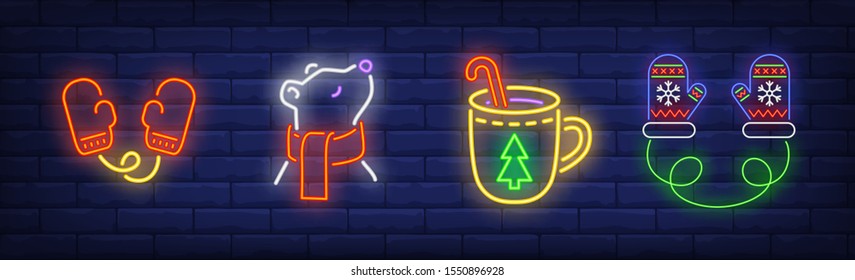 Christmas warmth neon sign set. Mittens, polar bear in scarf, hot drink. Vector illustration in neon style for topics like celebration, New Year, holidays