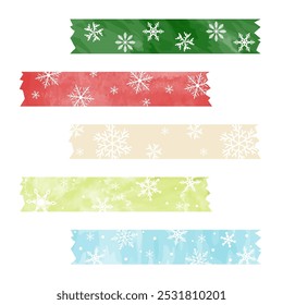 Christmas Washi Tape Set with Snowflake Patterns. Colorful Decorative Stripes for Festive Scrapbook and Craft Design. Paper sticker tape with ragged edges