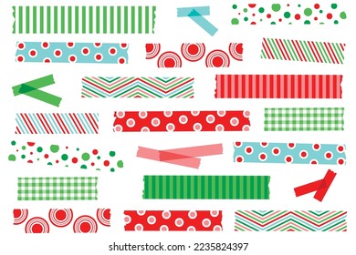 Christmas washi tape strips. Holiday masking or adhesive tape strips, stickers or labels. EPS file has global colors for easy color changes and semitransparent tape strips. Red, green, blue.
