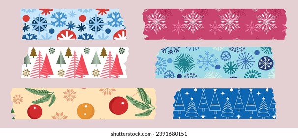 Christmas washi tape strips. Holiday stickers, adhesive tapes. Vector.