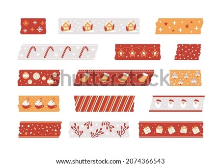 Christmas washi tapes collection with cute Santa head, candy cane, winter house, tree, gift boxes, hot cocoa drink, decorative patterns. Vector illustration, piece of paper for scrapbooking, decor.