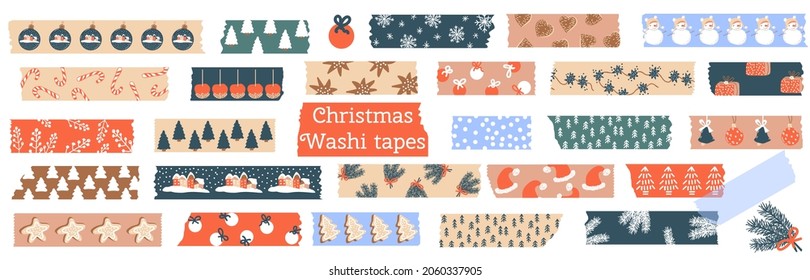 Christmas Washi tapes. Set with snowflakes, gingerbread, spruce, winter elements. Masking tape or  adhesive strips for frames, scrapbooking, borders, web graphics, crafts, stickers. Vector 