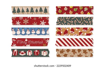 Christmas Washi Tapes, Set of Vector Graphic Design Template with Snowman, Gingerbread, Trees, Winter Elements, Santa's Hat. Digital Masking Tape for Scrapbooking, Print, Web Design. Cute Hand Drawing