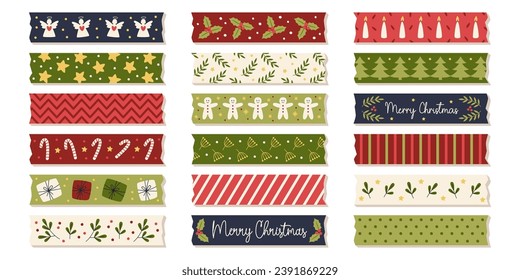 Cintas de washi navideñas con adornos adorables de vacaciones tradicionales aislados set ilustración vectorial. Plantilla de rayas adhesivas con navidad sin fisuras patrón de hombre de pan de jengibre, regalo, ángel, muñeco de nieve, plantas