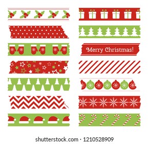 Christmas washi tapes. Vector set of colored scotch lines