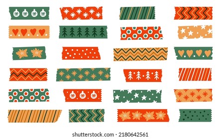 Christmas Washi tapes. Vector set with winter elements. Masking tape or adhesive strips for frames, scrapbooking, borders, web graphics, crafts, stickers. Vector set of colored scotch lines