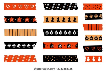 Christmas Washi tapes. Vector set with winter elements. Masking tape or adhesive strips for frames, scrapbooking, borders, web graphics, crafts, stickers. Vector set of colored scotch lines