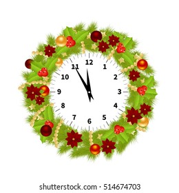 Christmas Watch Decorated With Branches of Christmas tree, balls, flowers and hollyberries Showing the Christmas Time Isolated on White Background. Vector Illustration