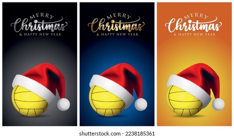 Fútbol de agua navideña o voleibol y sombrero Santa Claus - Tarjeta de saludo deportivo de navidad - ilustración de diseño vectorial en el fondo