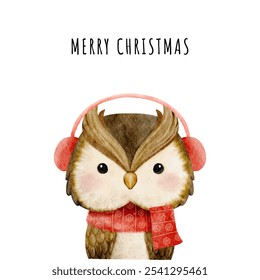Christmas watercolor animal design with cute owl. Cute kids illustration, Perfect for Christmas greeting cards and festive decoration vector. Hand drawn baby vector