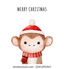 Christmas watercolor animal design with cute monkey. Cute kids illustration, Perfect for Christmas greeting cards and festive decoration vector. Hand drawn baby vector