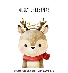 Christmas watercolor animal design with cute deer. Cute kids illustration, Perfect for Christmas greeting cards and festive decoration vector. Hand drawn baby vector