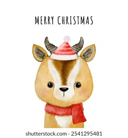 Christmas watercolor animal design with cute gazelle. Cute kids illustration, Perfect for Christmas greeting cards and festive decoration vector. Hand drawn baby vector