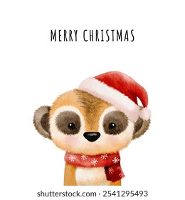 Design de aquarela de Natal animal com fofo meerkat. Ilustração infantil bonito, perfeito para cartões de Natal e vetor de decoração festiva. Bebê desenhado à mão vetor