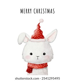 Christmas watercolor animal design with cute rabbit. Cute kids illustration, Perfect for Christmas greeting cards and festive decoration vector. Hand drawn baby vector