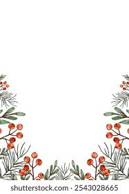Christmas watercolor blank, template copy space frame of winter foliage and berries, perfect for holiday greetings and seasonal design