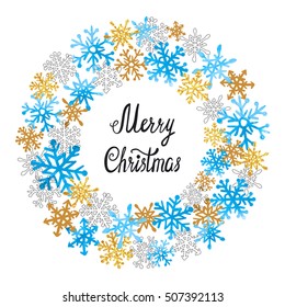 Christmas watercolor blue and golden snowflakes round frame for your design. Vector winter illustration. 