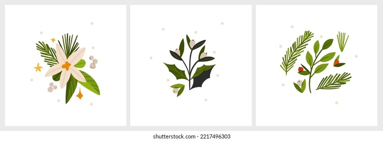 Christmas watercolor of bouquet berries and green leaves arrangings set. Hand-painted watercolor elements suitable for decorative Christmas festival, New year invitations, or greeting cards.
