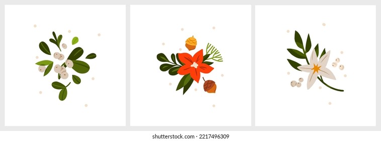 Christmas watercolor of bouquet berries and green leaves arrangings set. Hand-painted watercolor elements suitable for decorative Christmas festival, New year invitations, or greeting cards.