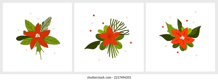 Christmas watercolor of bouquet berries and green leaves arrangings set. Hand-painted watercolor elements suitable for decorative Christmas festival, New year invitations, or greeting cards.