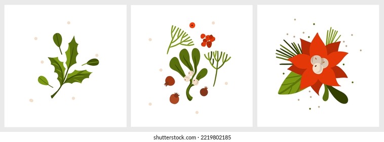 Christmas watercolor of bouquet berries and green leaves arrangings set. Hand-painted watercolor elements suitable for decorative Christmas festival, New year invitations, or greeting cards.