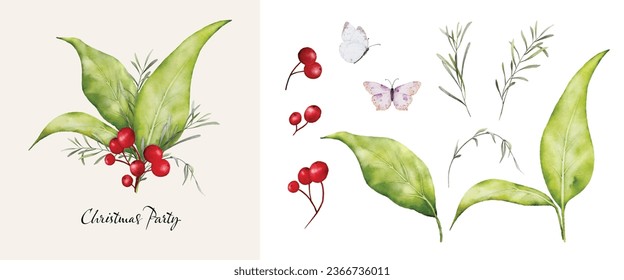 Christmas watercolor bouquet berries and green leaves arrangings set. Hand-painted watercolor element suitable for decorative Christmas festival, New year invitations, or greeting cards.