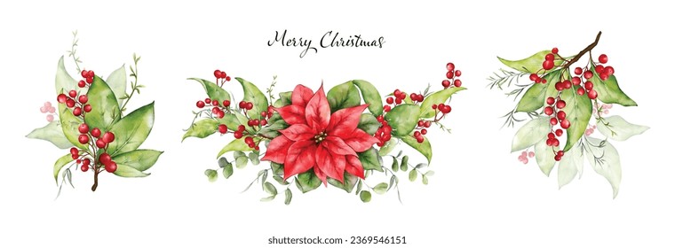 Christmas watercolor bouquet berries and green leaves arrangings set. Hand-painted watercolor element suitable for decorative Christmas festival, New year invitations, or greeting cards.